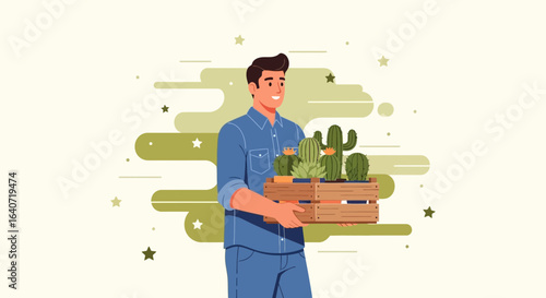 A happy man carrying a wooden crate filled with various types of cactus plants indoors and the background is decorative