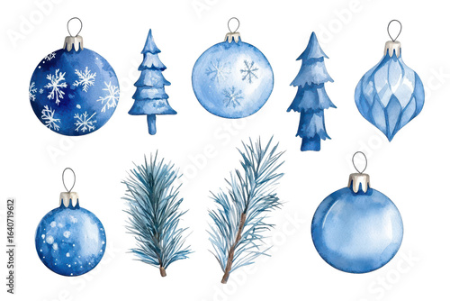 Delightful blue christmas winter watercolor clipart featuring ornaments and pine elements perfect for seasonal crafts