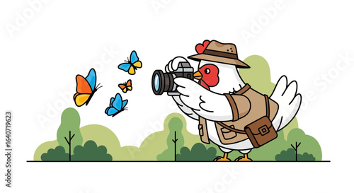 Adventure Awaits: Whimsical Chicken Photographer Capturing Butterflies in Nature