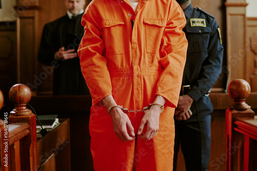 Photography Caucasian young adult man standing in courtroom wearing handcuffs and orange jum