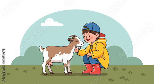 A Heartwarming Moment: Boy and Goat Bonding in the Serene Countryside Landscape