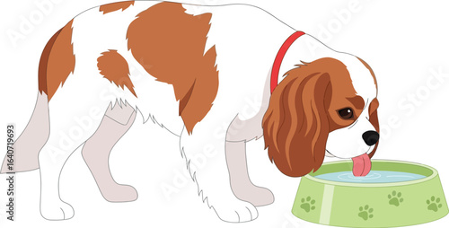 A cartoon dog with brown and white fur drinking water from a green bowl