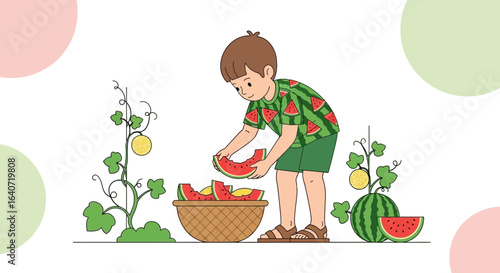 A joyful boy harvesting fresh watermelons in a garden filled with fruits and plants