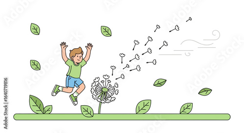 A joyful boy leaps near a dandelion, seeds scatter in the wind, symbolizing carefree spring adventures and childlike glee