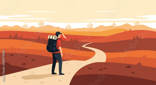 Adventurer Gazing Landscape Illustration of Wanderer with Backpack on Winding Path