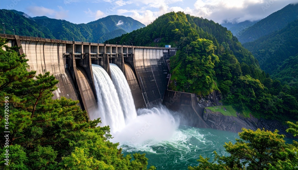 放水をする巨大ダムの風景 絶景 放水をする巨大ダムの風景 絶景