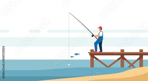 A man fishing from a pier casting his line into the water with a simple background demonstrating a peaceful activity for recreation