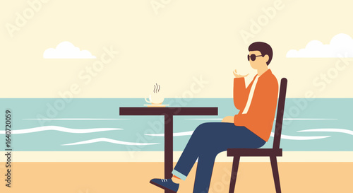 A man enjoys a coffee by the sea with peaceful beachside view and flat design style creating a relaxing scene evoking summer vibes