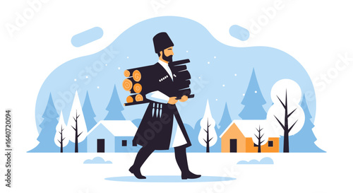 A man in traditional Caucasus clothing carrying firewood in a winter landscape illustration