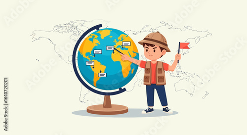 Adventurous Boy Exploring the Globe with a Hat and a Flag Illustration