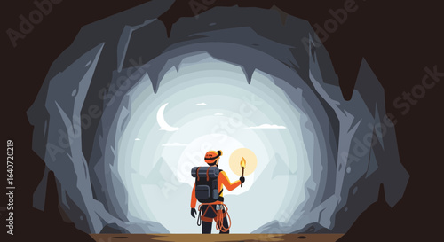 Adventurous cave explorer with backpack and torch navigates underground landscape