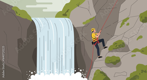 Adventurous Climber Ascending Rocky Cliffside Near Cascading Waterfall View