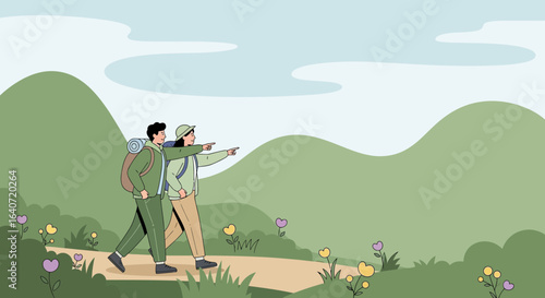 Adventurous Couple Exploring Nature Together Walking Towards New Horizons
