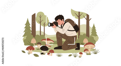 A nature photographer capturing the beauty of mushrooms in a serene forest setting featuring earthy tones and cartoon design