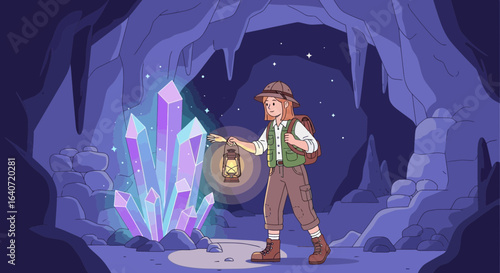 Adventurous explorer discovers glowing crystals in a mysterious underground cave filled with hidden treasures and wonders