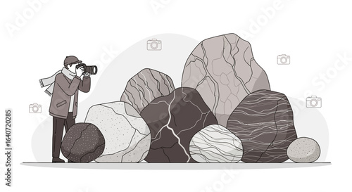 A monochrome vector illustration of a photographer taking pictures of rocks landscape