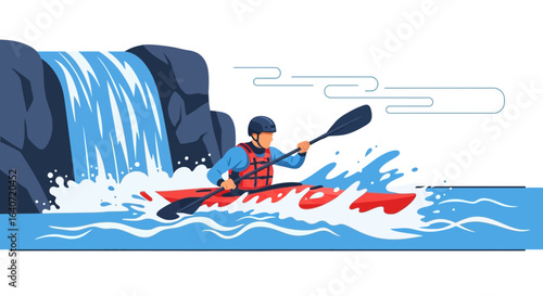 Adventurous Kayaker Navigating a Waterfall for Outdoor Water Sport Concept