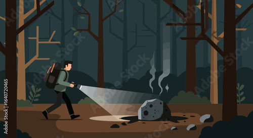 A person using a flashlight while exploring a forest at night with a campfire illustration