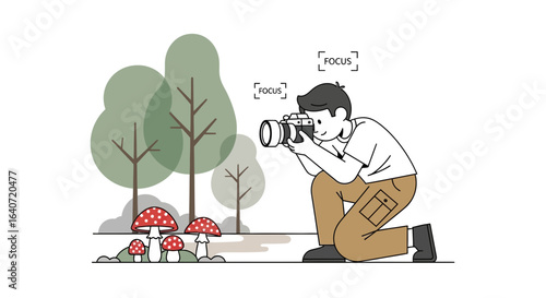 A Photographer Capturing Mushrooms in a Forest Setting with Precise Focus and Skill