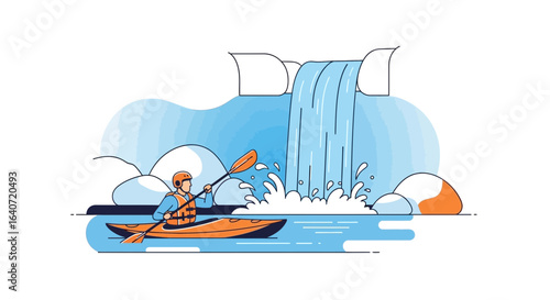 Adventurous Kayaker Paddling Towards Waterfall On A Sunny Day Recreation Activity