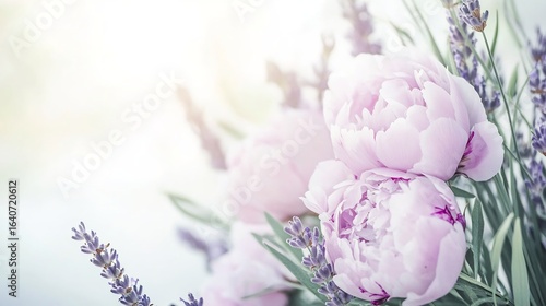 Fototapeta Naklejka Na Ścianę i Meble -  Dreamy romantic background with soft pink peonies and lavender sprigs blending seamlessly into a soft misty atmosphere The design is perfect for bridal or anniversary invitations