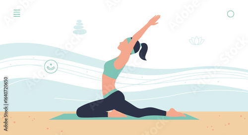 A serene depiction of a woman practicing yoga stretching pose on a tranquil beach setting promoting wellness and mindfulness