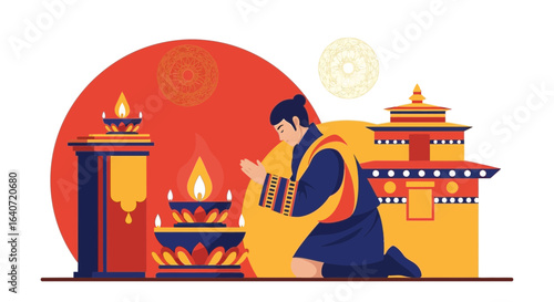 A serene illustration depicting a bhutanese man praying with oil lamps near a temple building