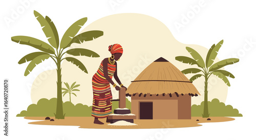 African woman grinds grain near traditional hut amidst lush palms depicting rural life