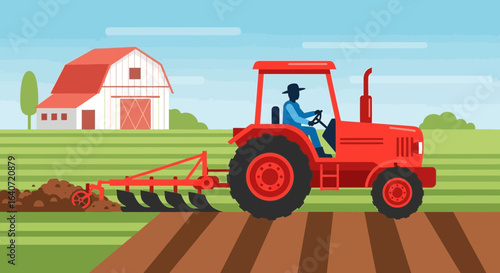 Agricultural Scene With Tractor Plowing Land Near Red Barn Flat Design