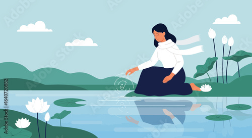 A serene scene of a woman by a lake with water lilies embracing tranquility