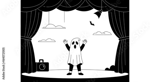 A Spooky Halloween Spectacle Featuring a Ghostly Figure on a Theatrical Stage