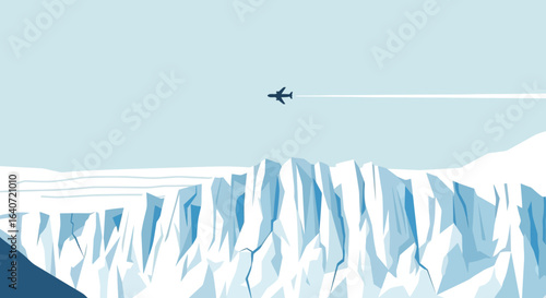 Airplane Flying Over Frozen Glacier Landscape Scenery Travel Background Image