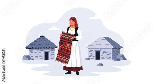 Albanian woman in traditional clothes, village houses and a carpet adds cultural richness
