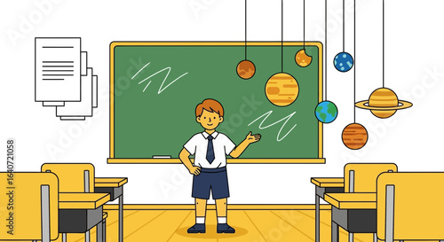 A student presenting about the solar system in a classroom with hanging planets and chalkboard