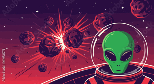 Alien encounter in deep space with exploding asteroid background in vector art