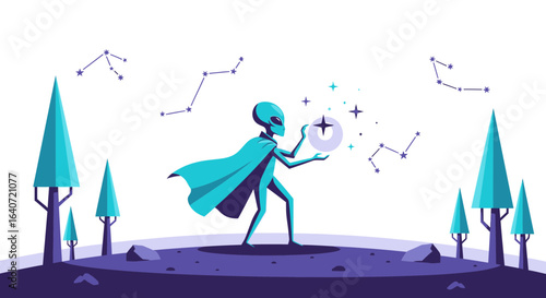 Alien In A Stylized Landscape Holding A Luminous Orb And Wearing A Cape