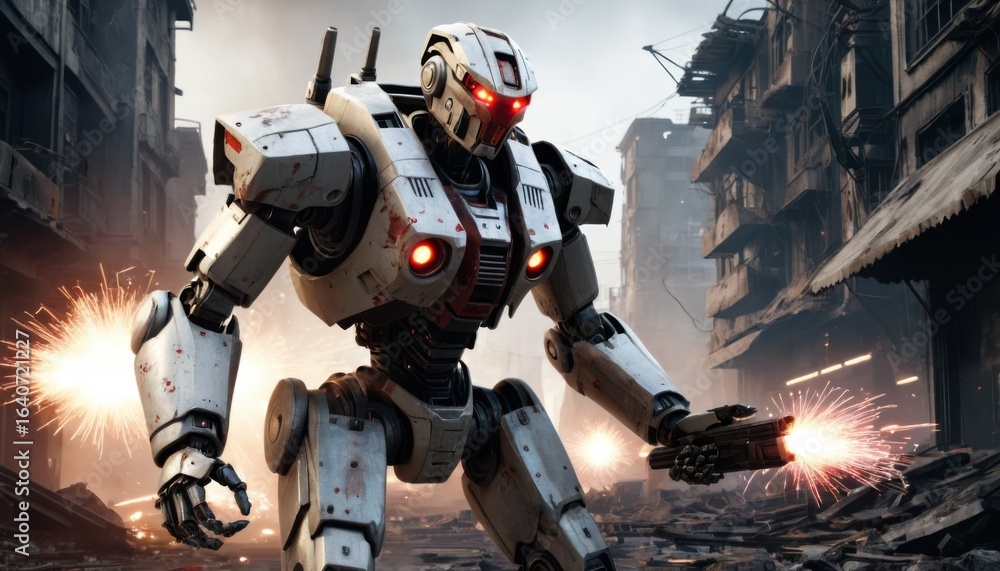 Fototapeta premium War damaged robot shooting gun in a post-apocalyptic city
