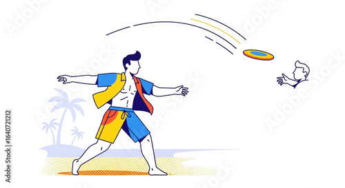 A vibrant illustration of a man throwing a frisbee on a tropical beach scene creates a sense of carefree leisure