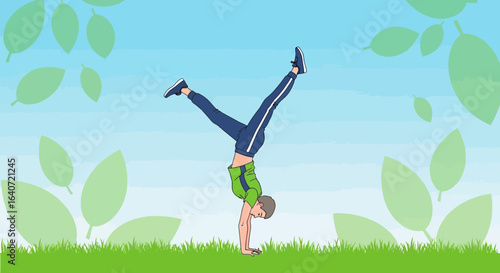 An artistic rendition of a person balancing in a handstand amidst nature scene illustration