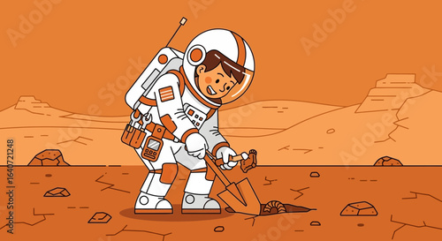 An astronaut explores Mars digging with a shovel in a vibrant orange landscape illustration