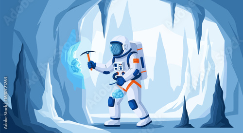 An Astronaut in a Cave Excavating a Crystal with a Pickaxe in a Cold Space Environment
