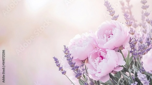 Fototapeta Naklejka Na Ścianę i Meble -  Dreamy romantic background with soft pink peonies and lavender sprigs blending seamlessly into a soft misty atmosphere The design is perfect for bridal or anniversary invitations
