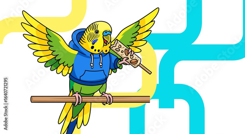 A whimsical depiction of a budgie wearing a hoodie and enjoying a treat on a perch