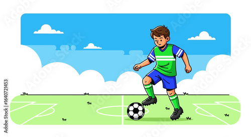 An exciting soccer game moment with a young boy dribbling the ball on the field perfect for educational sport content soccer training illustrations