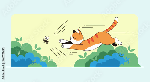 An illustration of a playful ginger cat chasing a fly with bushes in the background