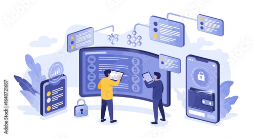 Analysts Examining Cryptocurrency Data On Large Screen With Secure Mobile Wallet