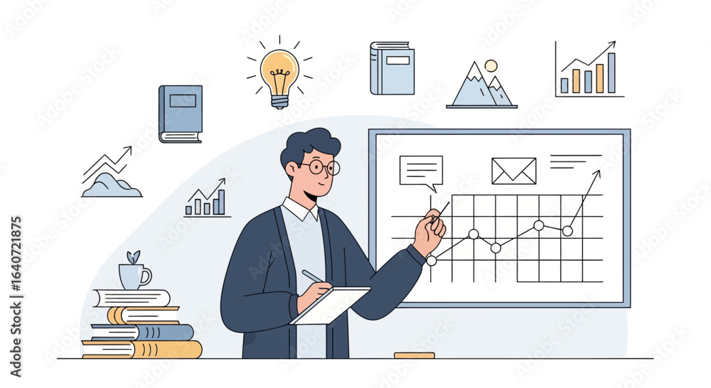 Fototapeta premium Analyzing Market Trends Man Explaining Graph and Chart Board Investment Strategy
