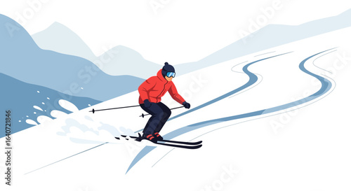 A winter sport adventure vector illustration showcasing a skier gracefully descending on snowy slope