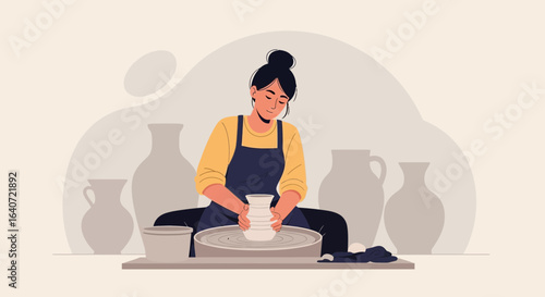 A woman creating a ceramic vase on a pottery wheel in a workshop setting