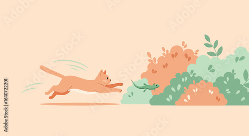 Animated cat chasing lizard between the bushes in a colorful outdoor scene illustration